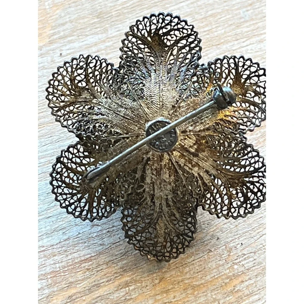 Topazio Silver 925 Filigree Flower Brooch Layered Floral Pin Vintage Jewelry